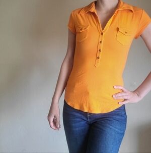 Cache Bright Vibrant Orange Blouse Button Up Top With Pockets Size small
